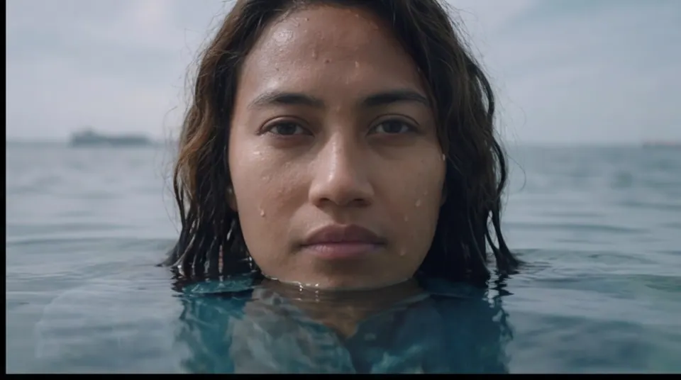 Still sinematik: perempuan berendam di laut menatap kamera, foto oleh Ajikkkk
